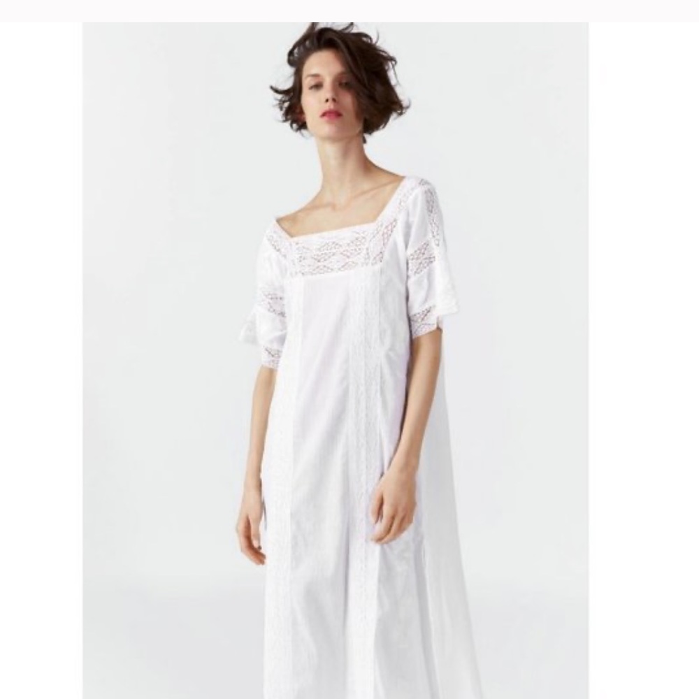 Zara White Embroidered Lace Trim Dress with Side Vents - Picture 5 of 15